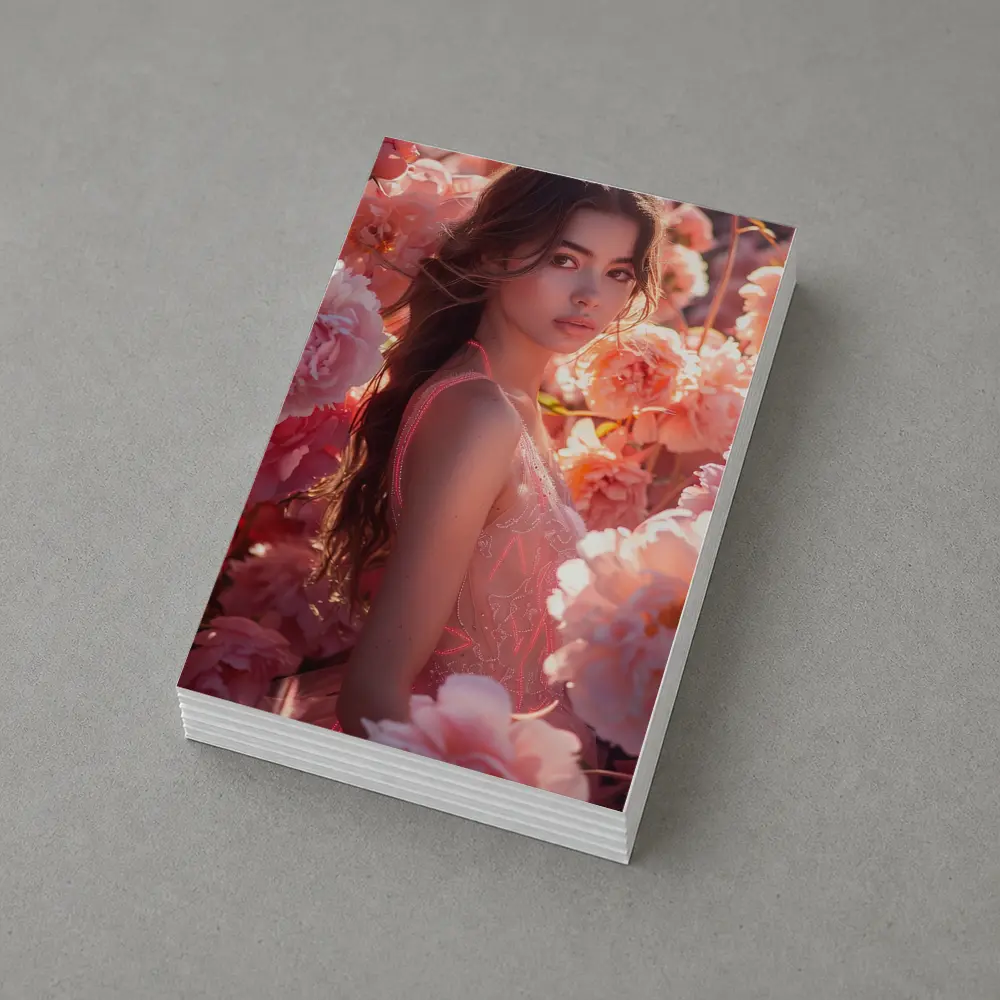 Young Woman Surrounded by Pink Peony Flowers – Postcards