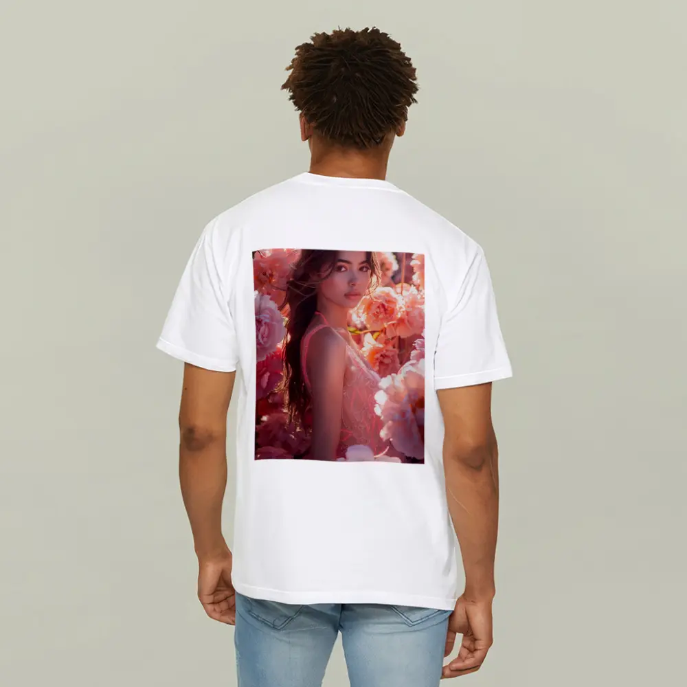 Young Woman Surrounded by Pink Peony Flowers – T-Shirts