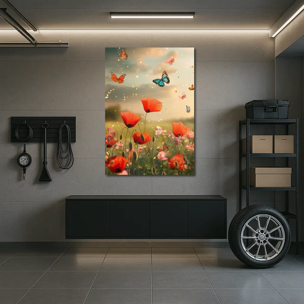 Red Poppies Field With Colorful Butterflies Flying – Wall Art