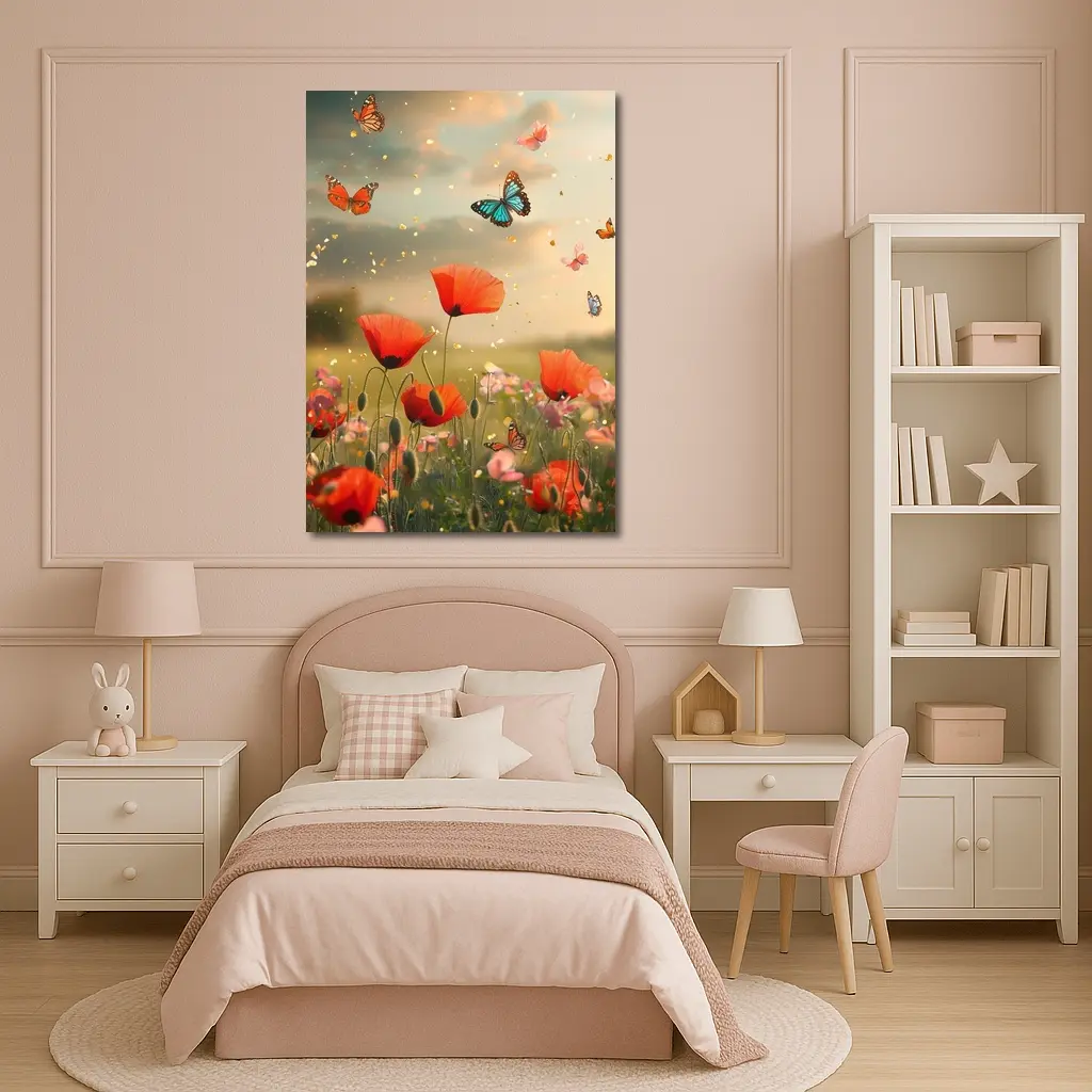 Red Poppies Field With Colorful Butterflies Flying – Wall Art