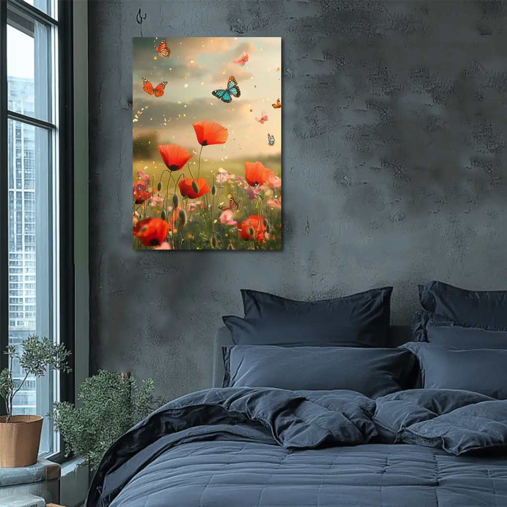 Red Poppies Field With Colorful Butterflies Flying – Wall Art