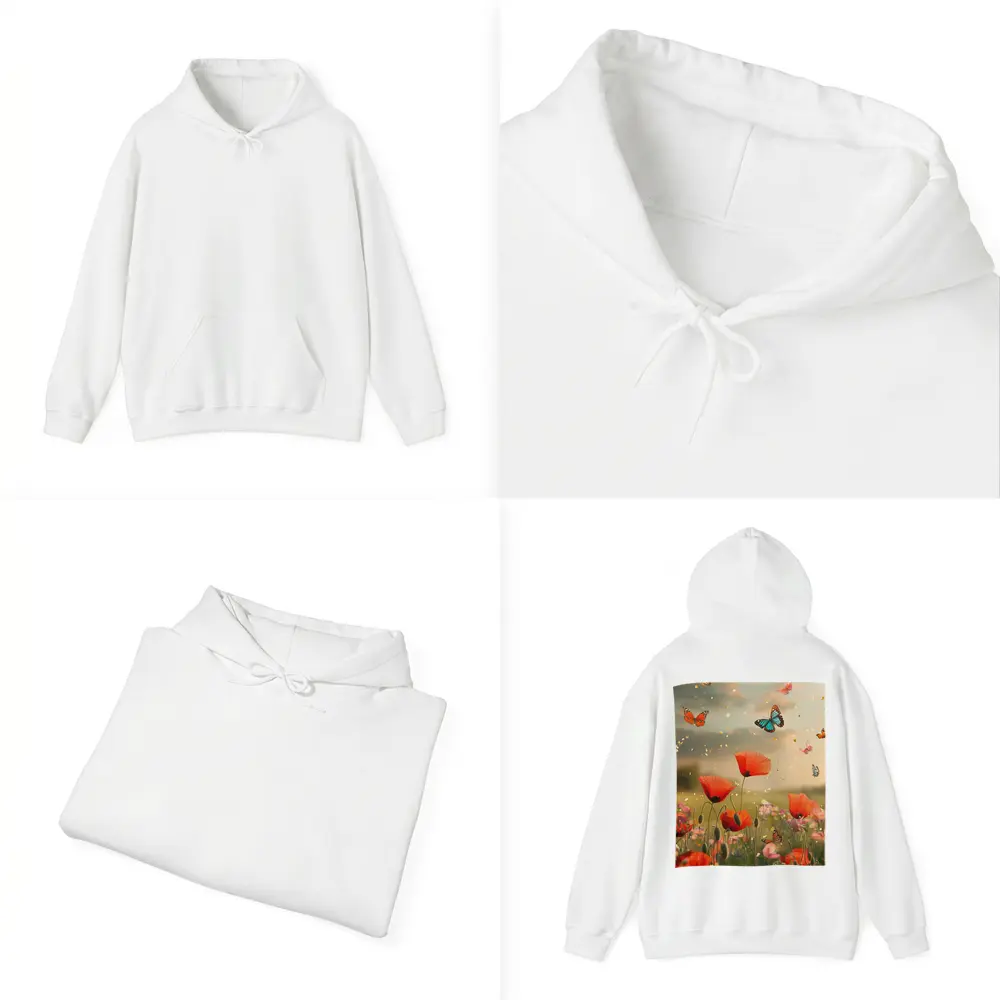 Red Poppies Field With Colorful Butterflies Flying – Hoodies