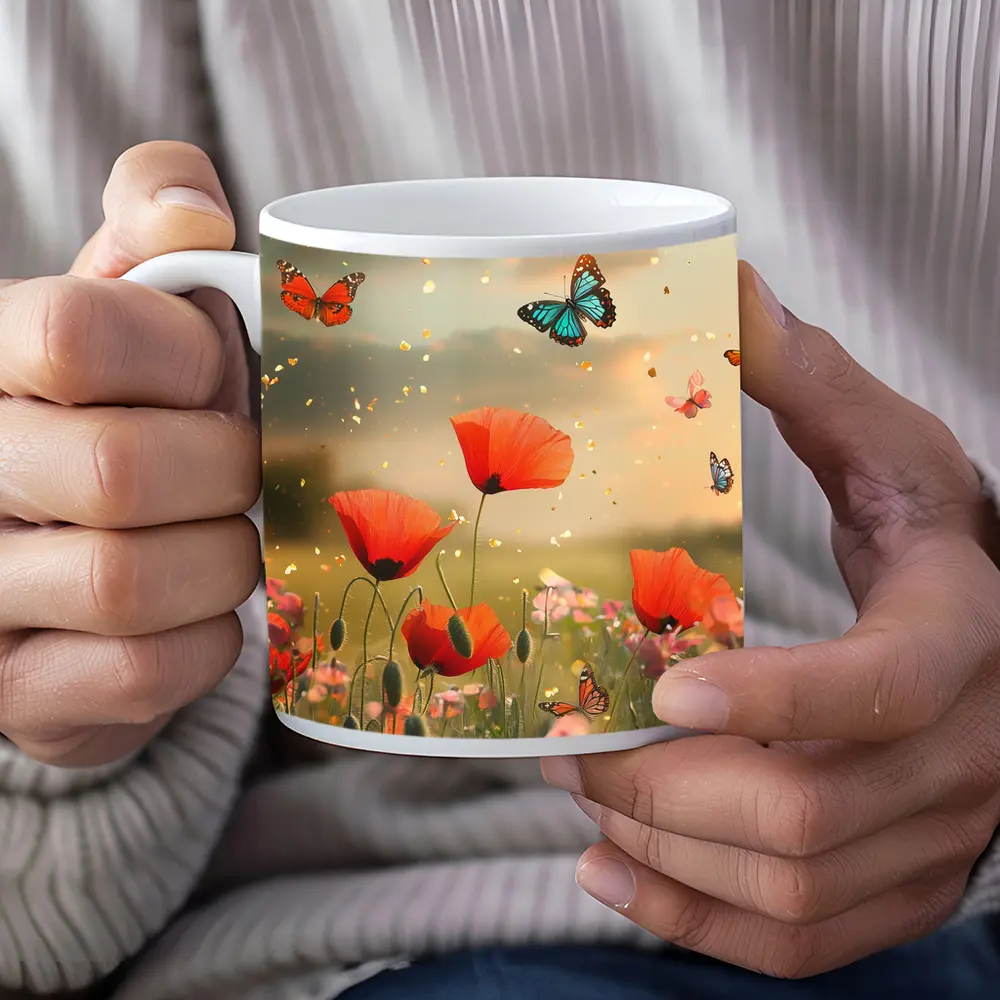 Red Poppies Field With Colorful Butterflies Flying – Mugs