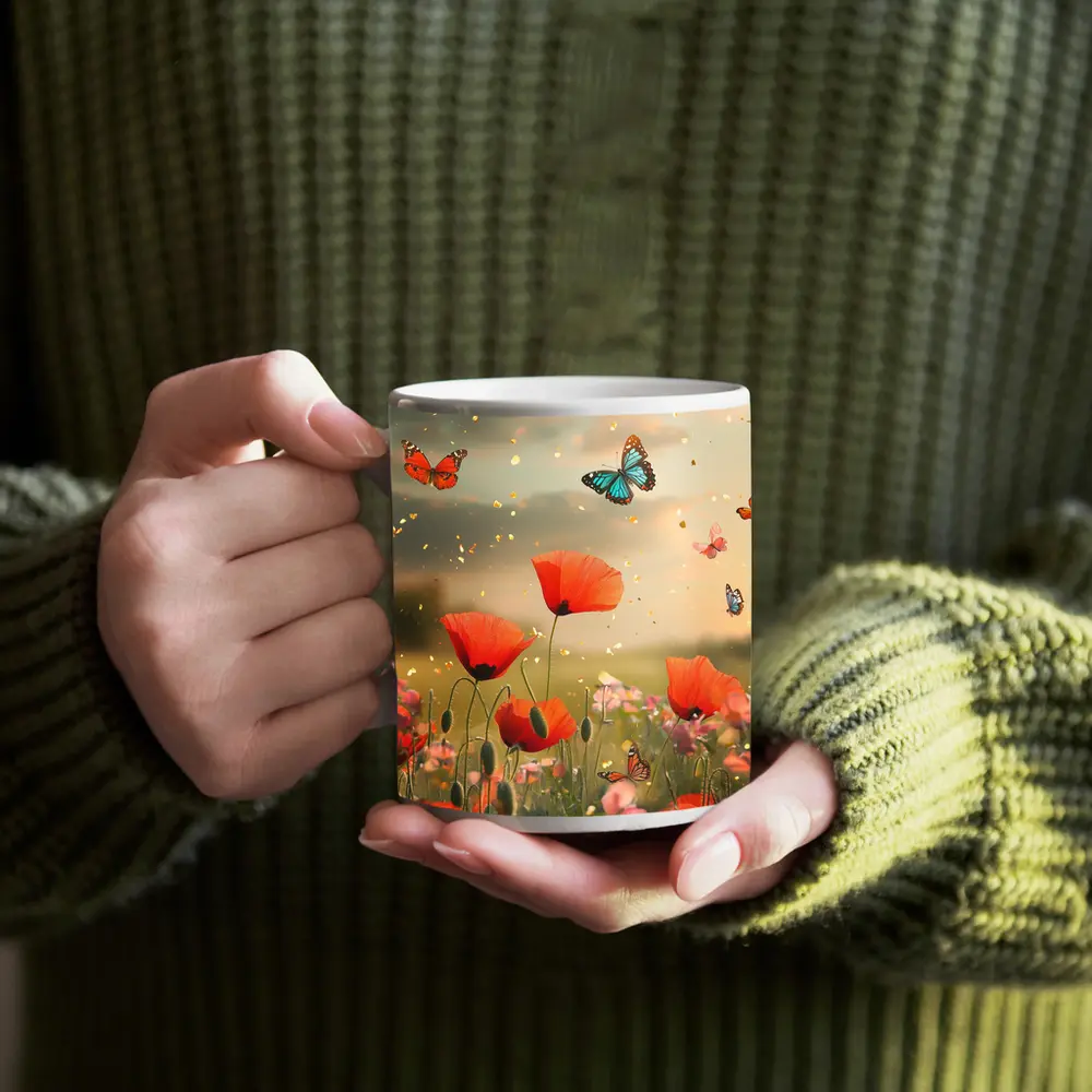 Red Poppies Field With Colorful Butterflies Flying – Mugs