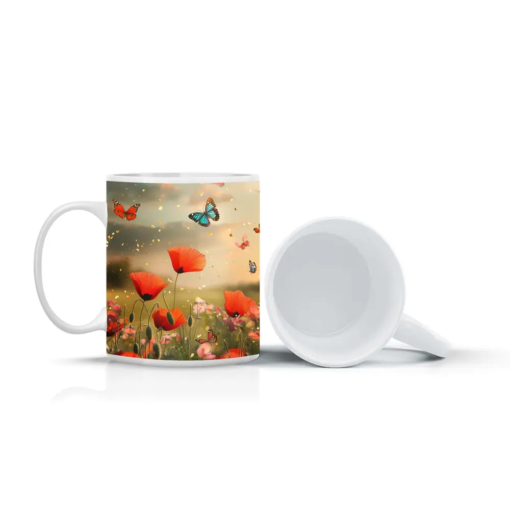 Red Poppies Field With Colorful Butterflies Flying – Mugs