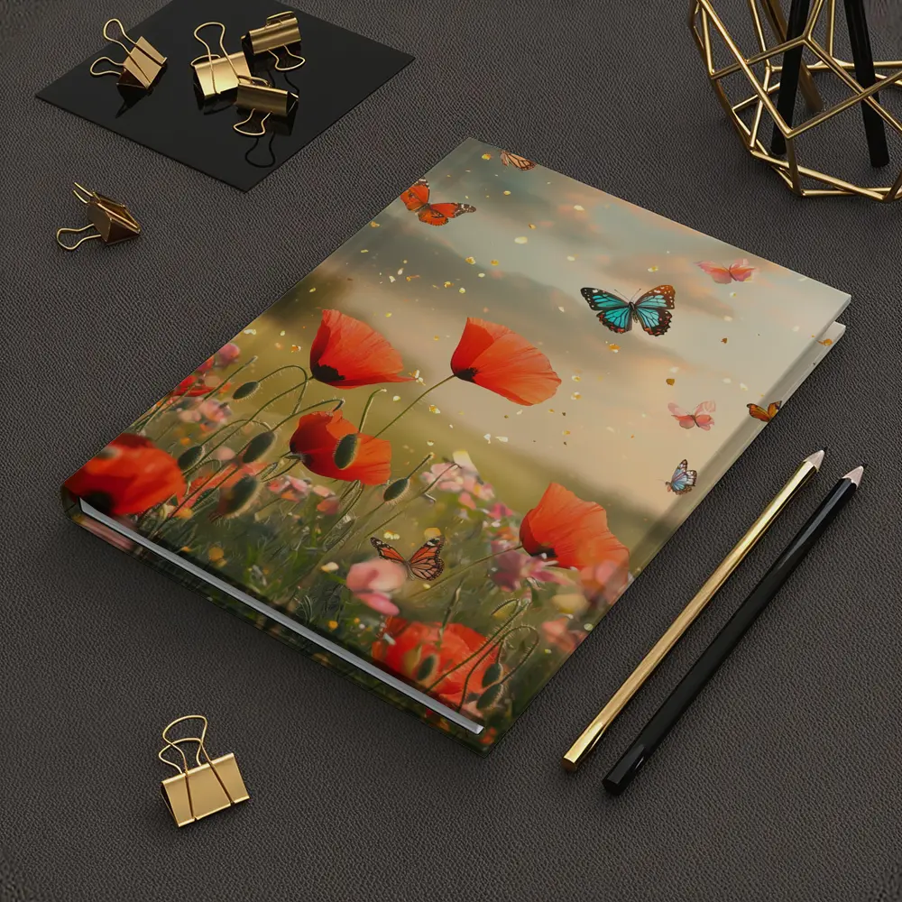 Red Poppies Field With Colorful Butterflies Flying – Notebooks