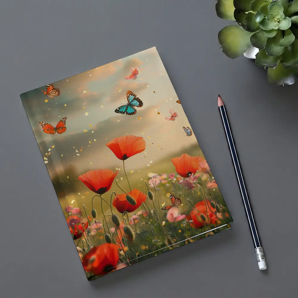 Red Poppies Field With Colorful Butterflies Flying – Notebooks
