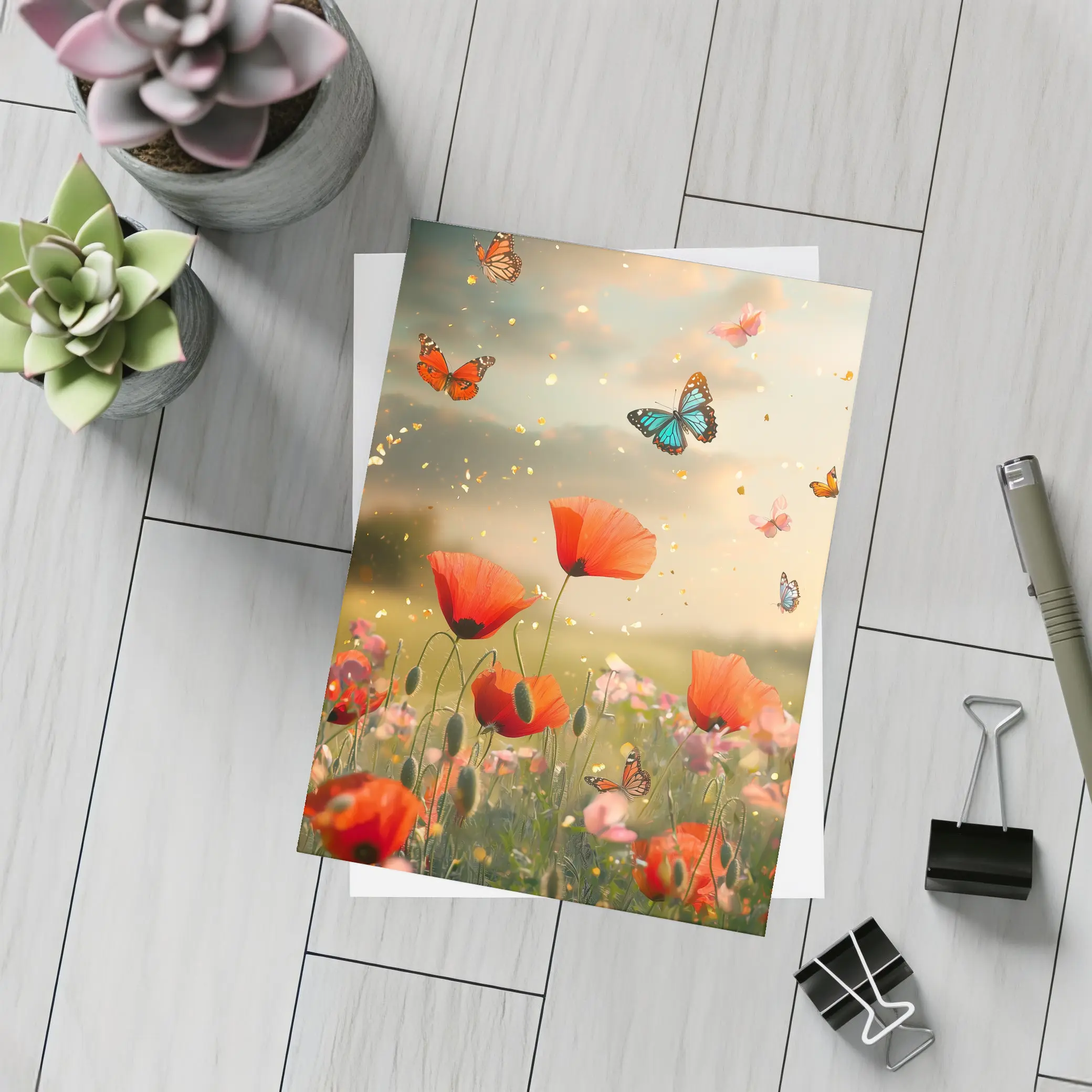 Red Poppies Field With Colorful Butterflies Flying – Postcards