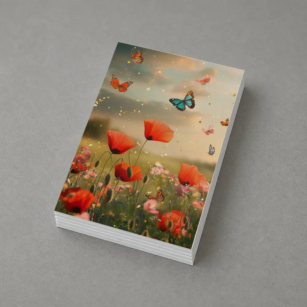 Red Poppies Field With Colorful Butterflies Flying – Postcards