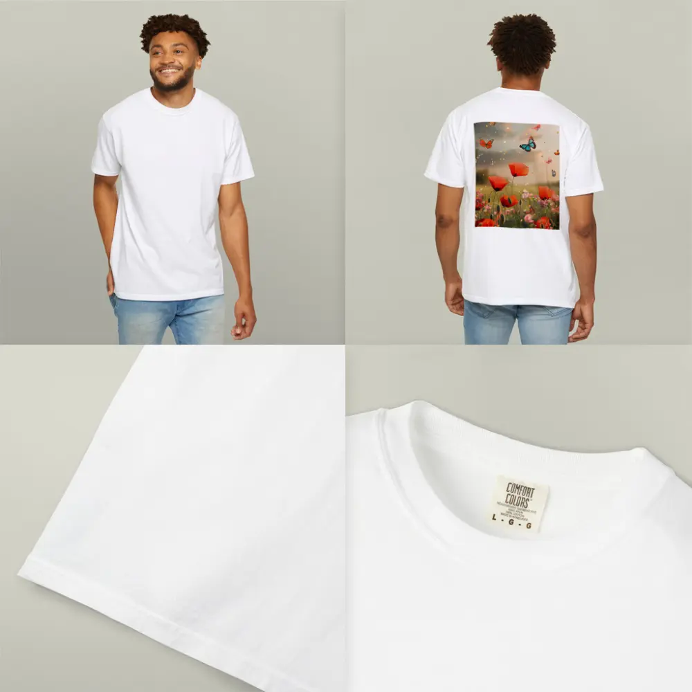 Red Poppies Field With Colorful Butterflies Flying – T-Shirts
