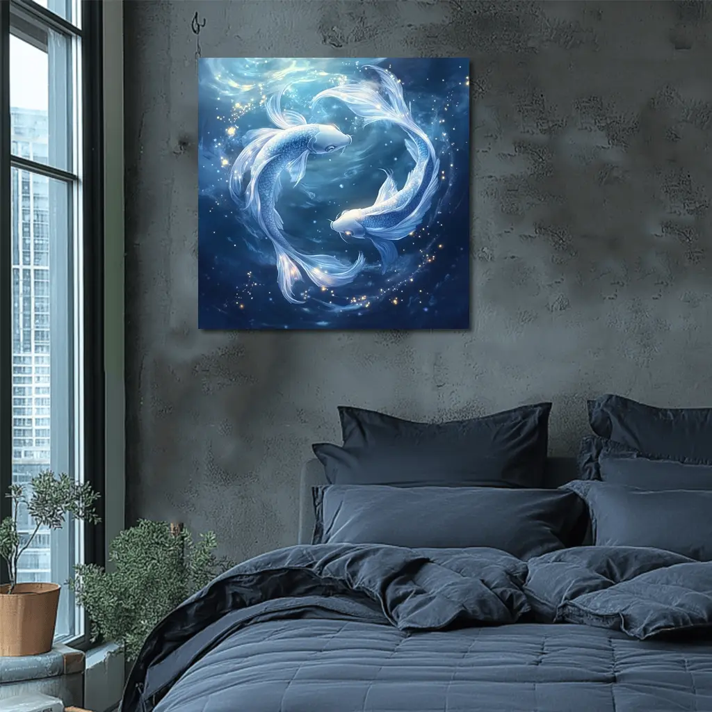 Pisces Koi Fish Glowing Blue Cosmic Water – Wall Art