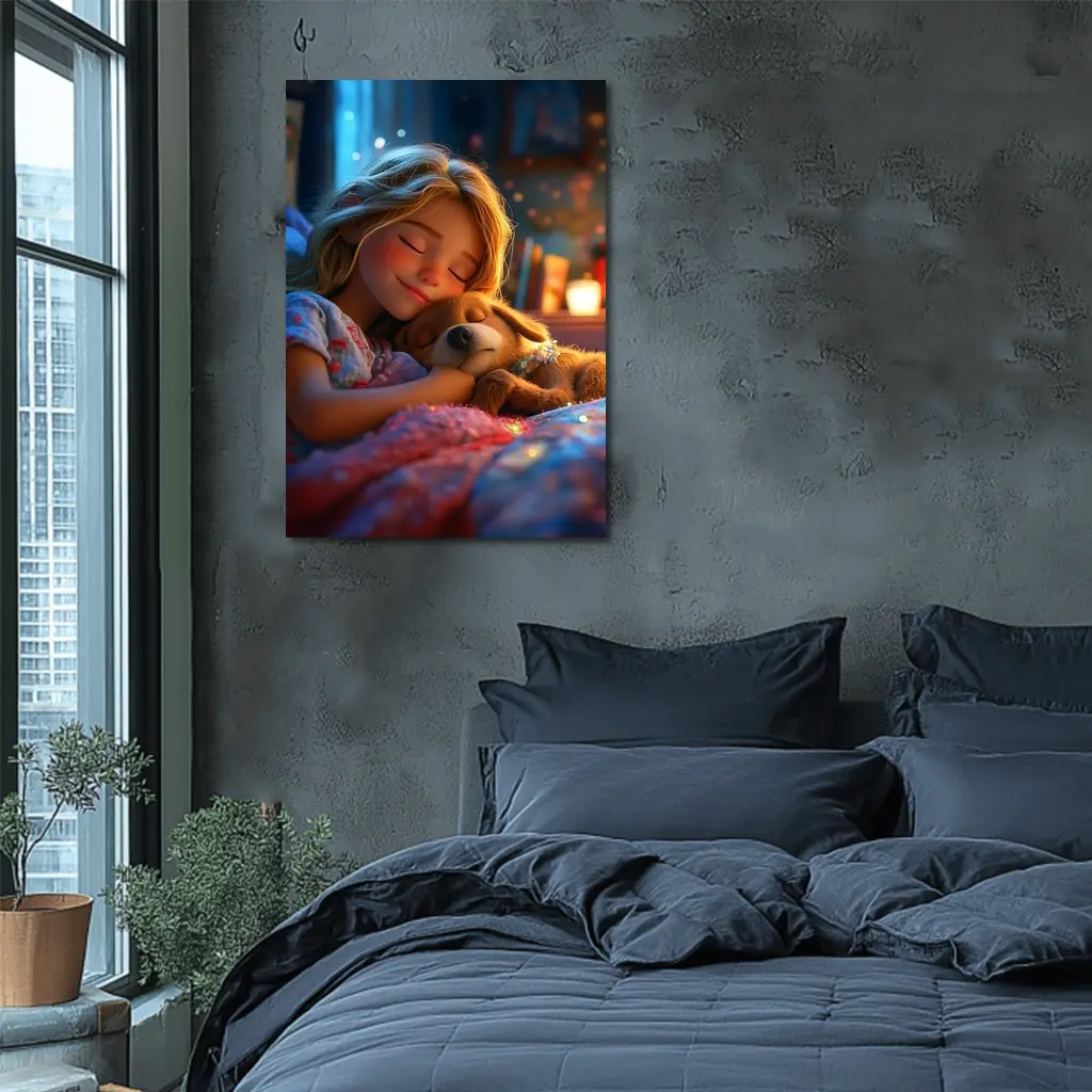 Girl Sleeping With Dog Cozy Bedroom Night – Wall Art