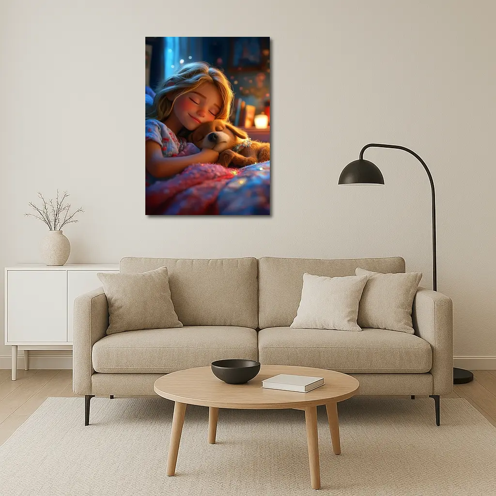 Girl Sleeping With Dog Cozy Bedroom Night – Wall Art