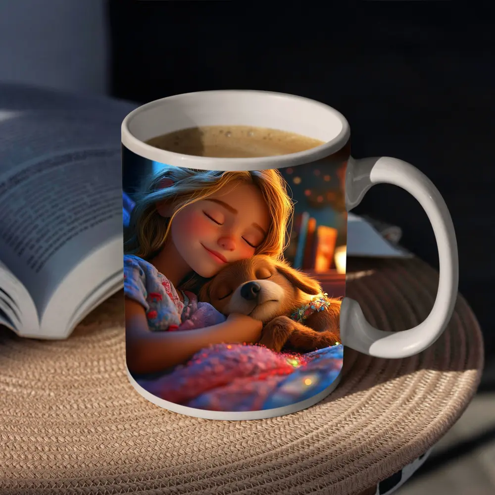 Girl Sleeping With Dog Cozy Bedroom Night – Mugs