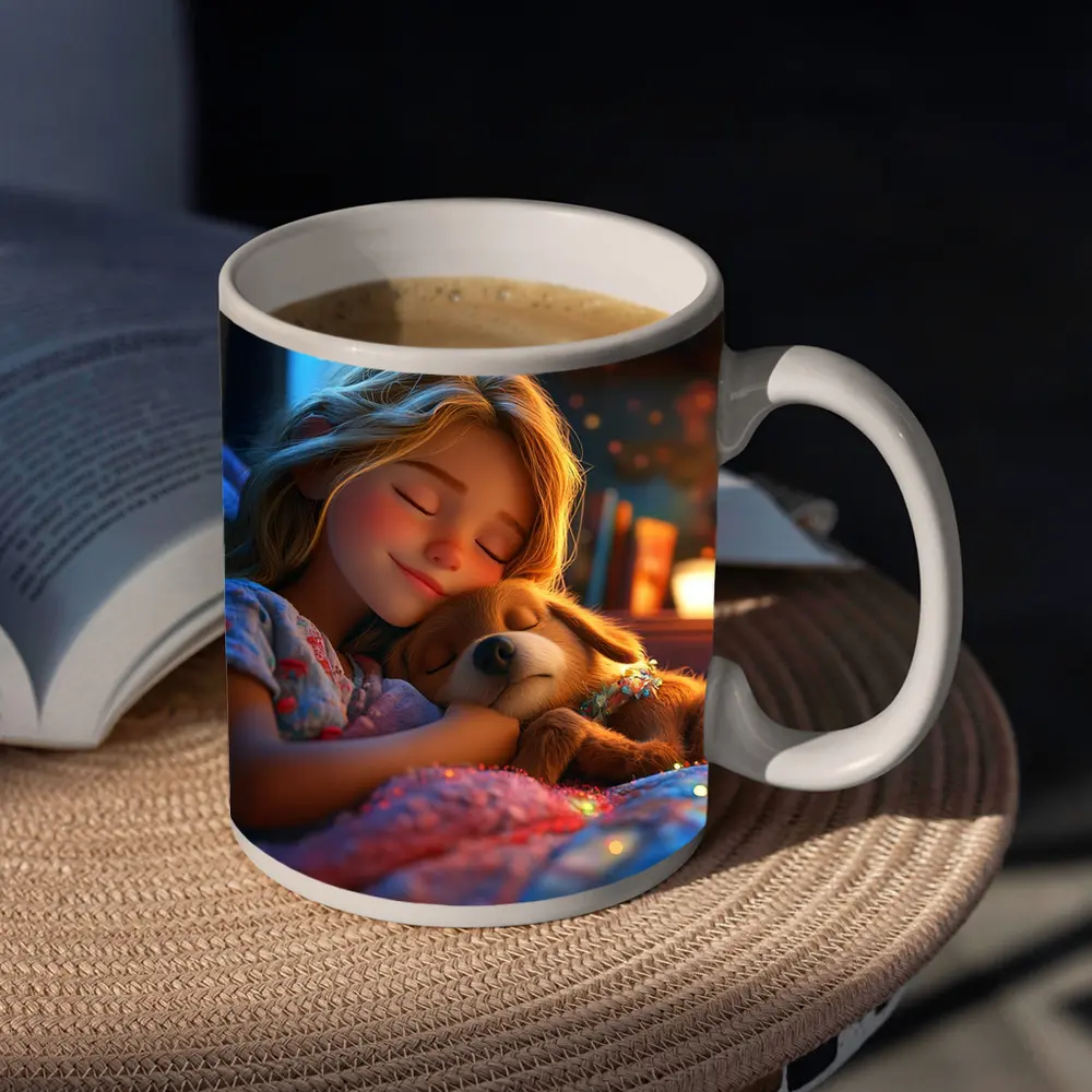 Girl Sleeping With Dog Cozy Bedroom Night – Mugs