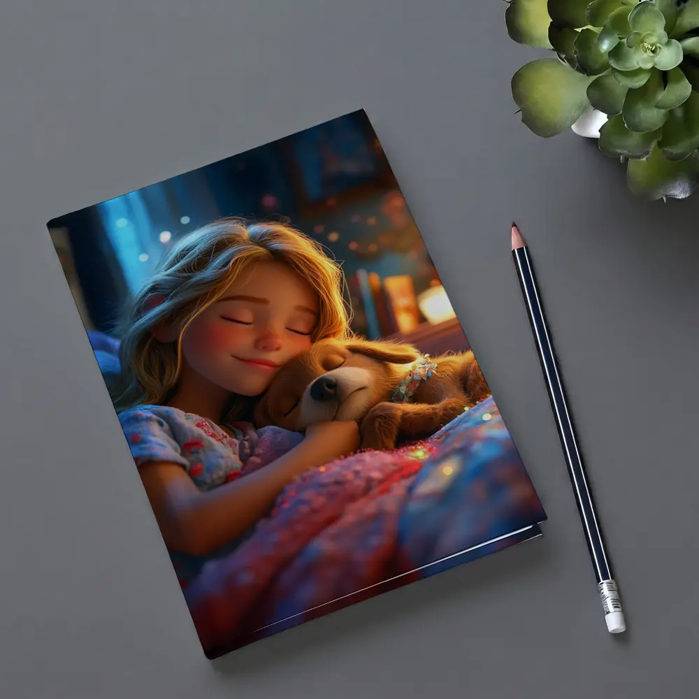 Girl Sleeping With Dog Cozy Bedroom Night – Notebooks
