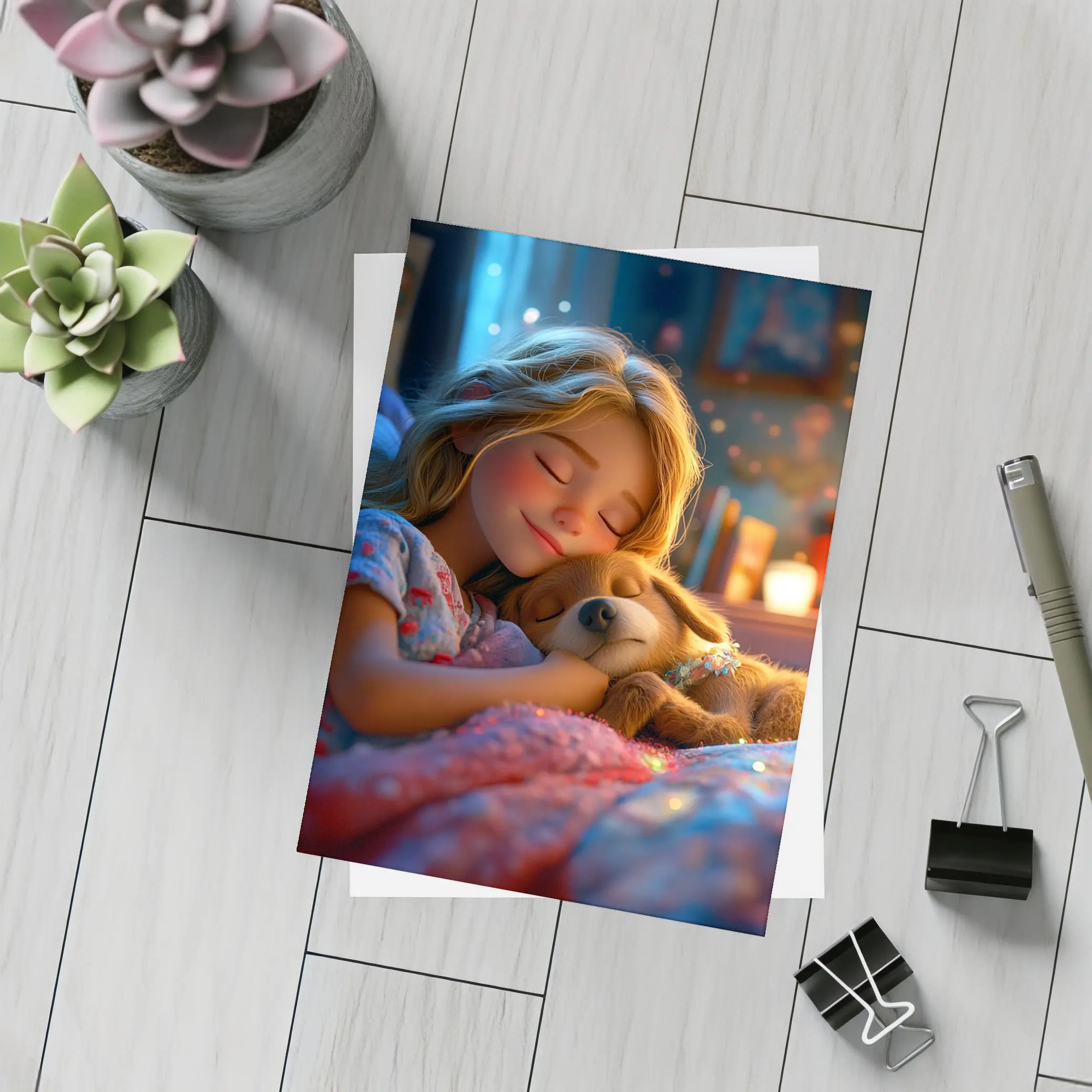 Girl Sleeping With Dog Cozy Bedroom Night – Postcards