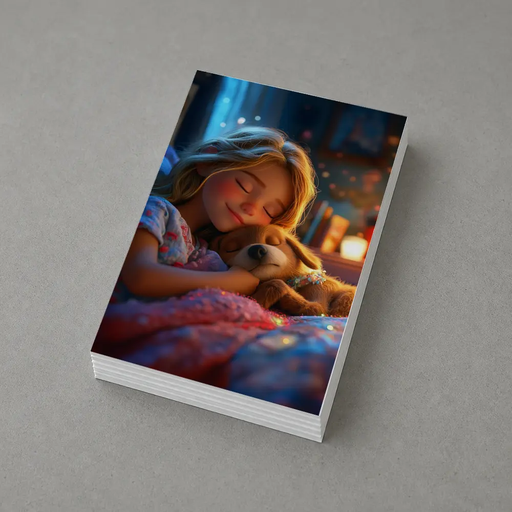 Girl Sleeping With Dog Cozy Bedroom Night – Postcards