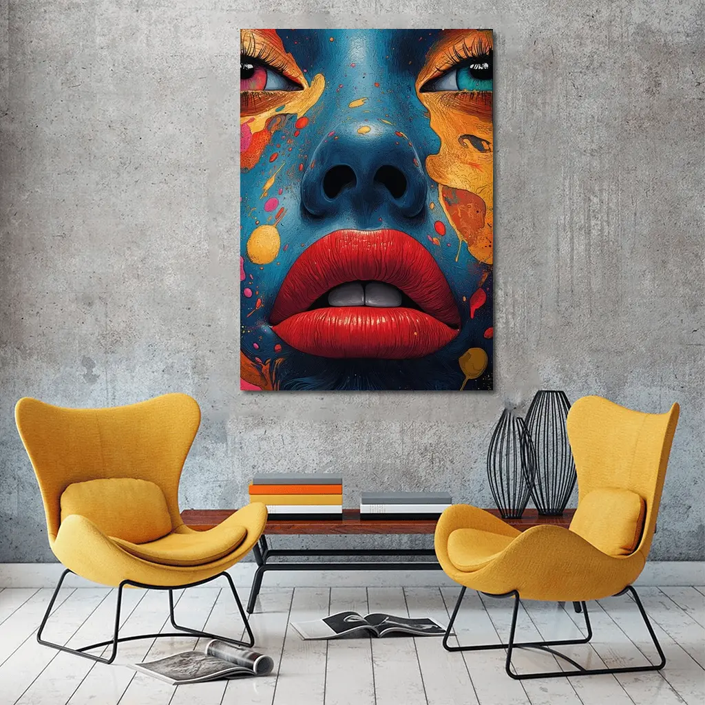 Blue Face Woman Bold Paint Splash Art – Wall Art