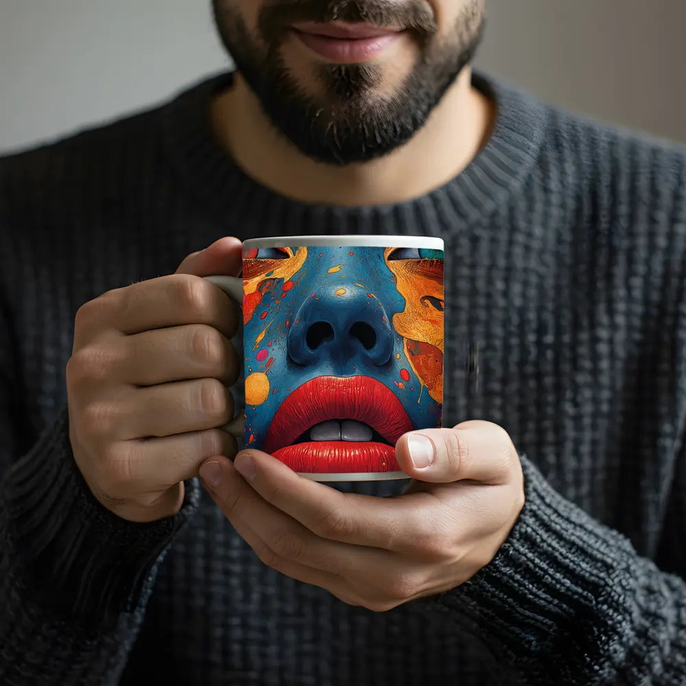 Blue Face Woman Bold Paint Splash Art – Mugs
