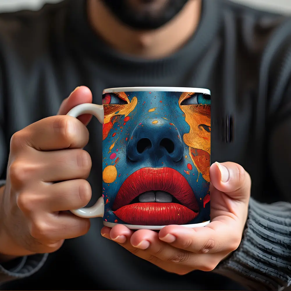 Blue Face Woman Bold Paint Splash Art – Mugs