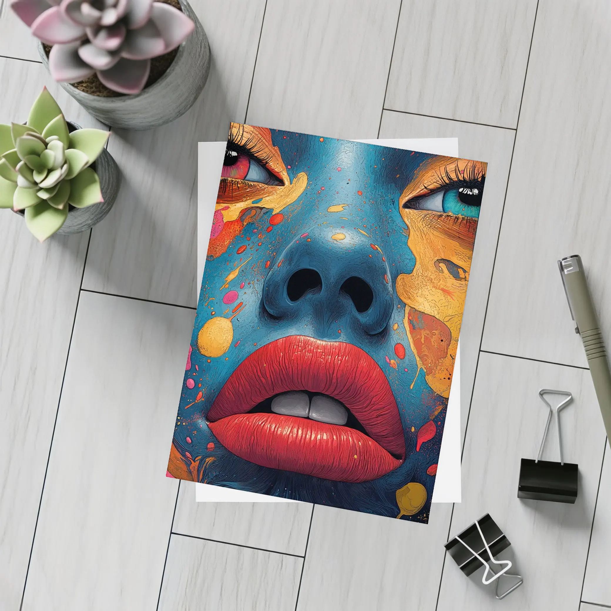 Blue Face Woman Bold Paint Splash Art – Postcards
