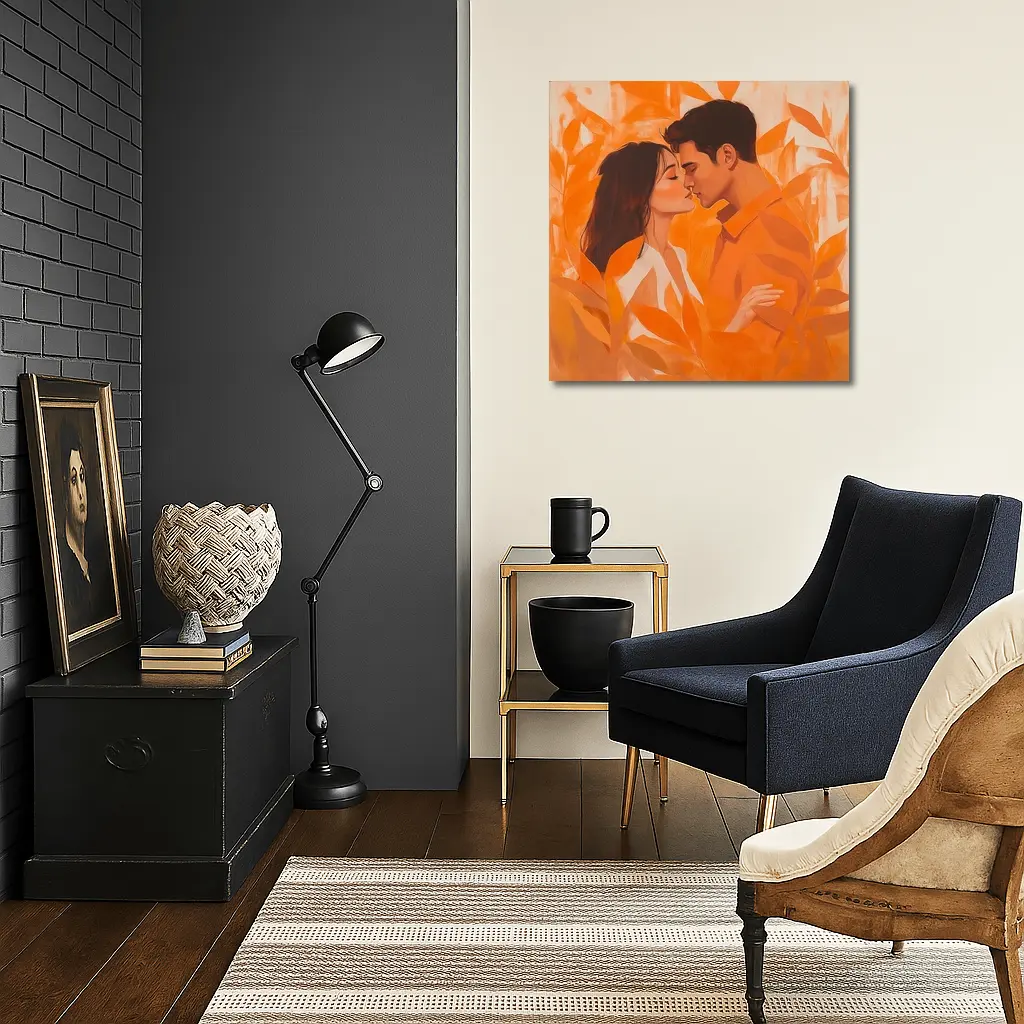 Couple Kissing Orange Leaves Romantic Painting – Wall Art