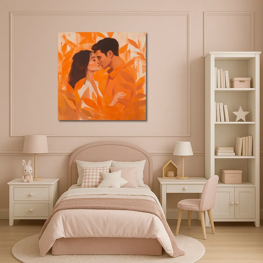 Couple Kissing Orange Leaves Romantic Painting – Wall Art