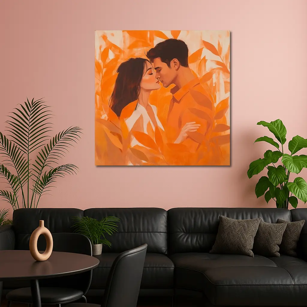Couple Kissing Orange Leaves Romantic Painting – Wall Art