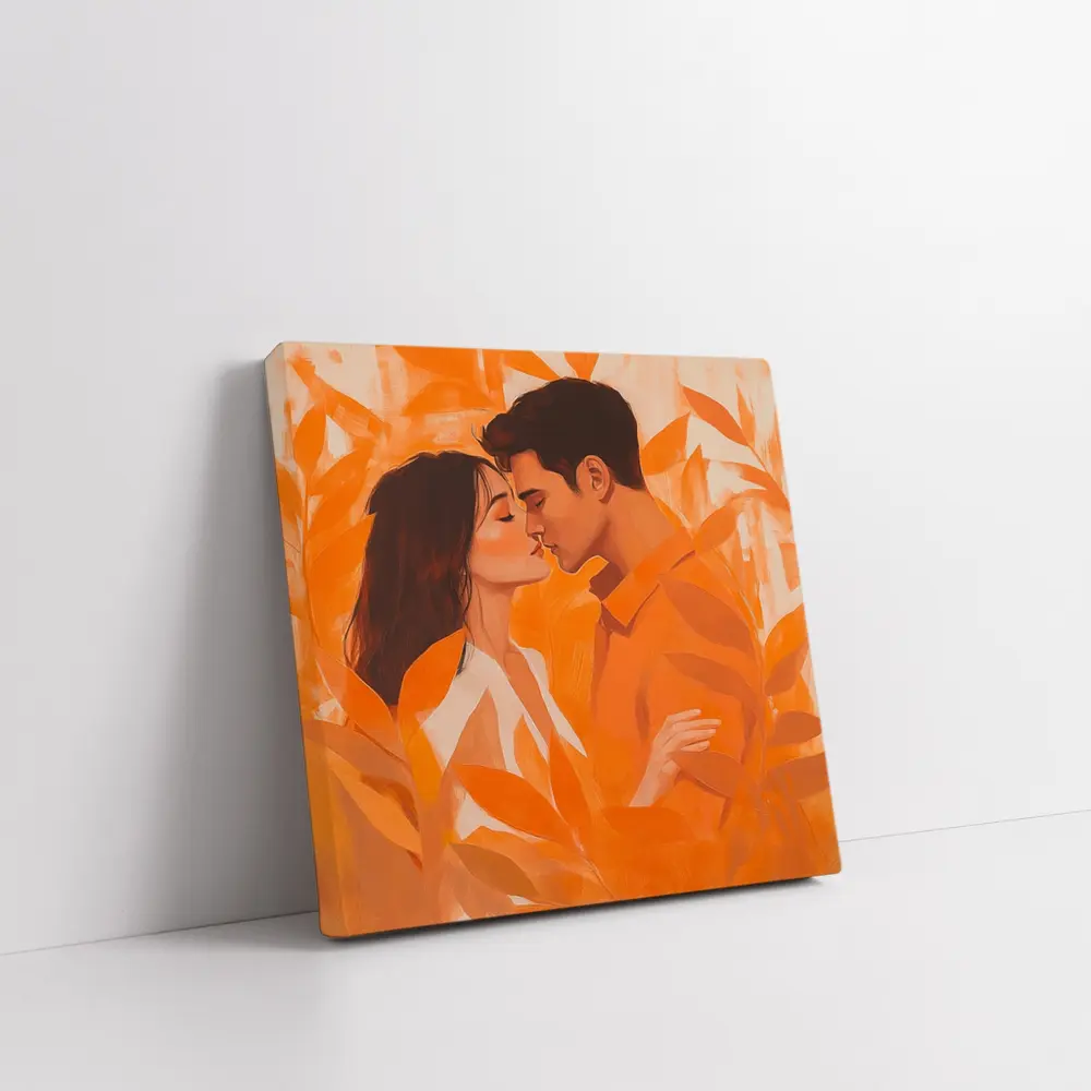 Couple Kissing Orange Leaves Romantic Painting – Wall Art