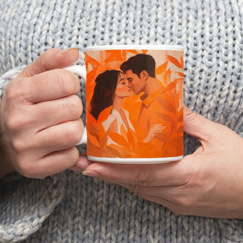 Couple Kissing Orange Leaves Romantic Painting – Mugs