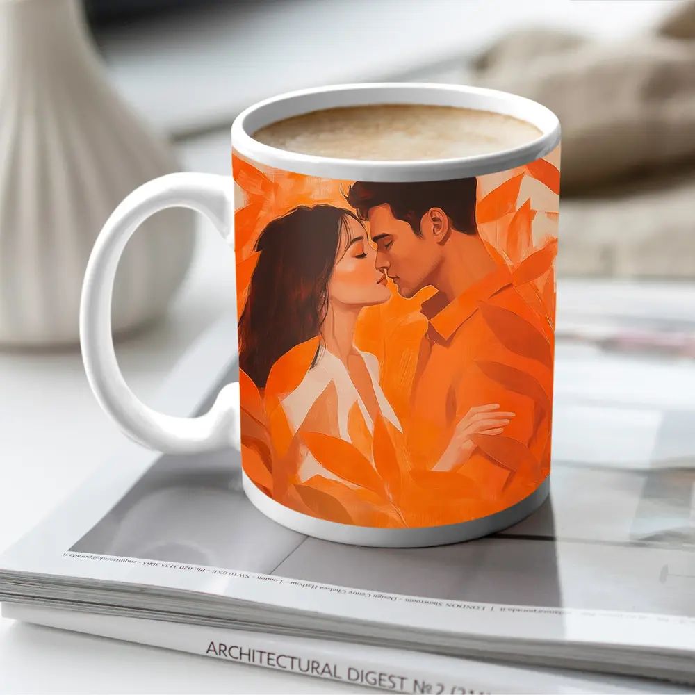 Couple Kissing Orange Leaves Romantic Painting – Mugs