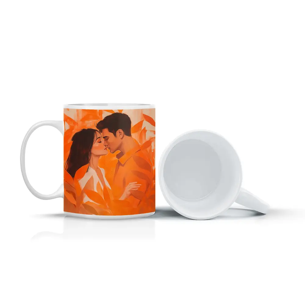 Couple Kissing Orange Leaves Romantic Painting – Mugs