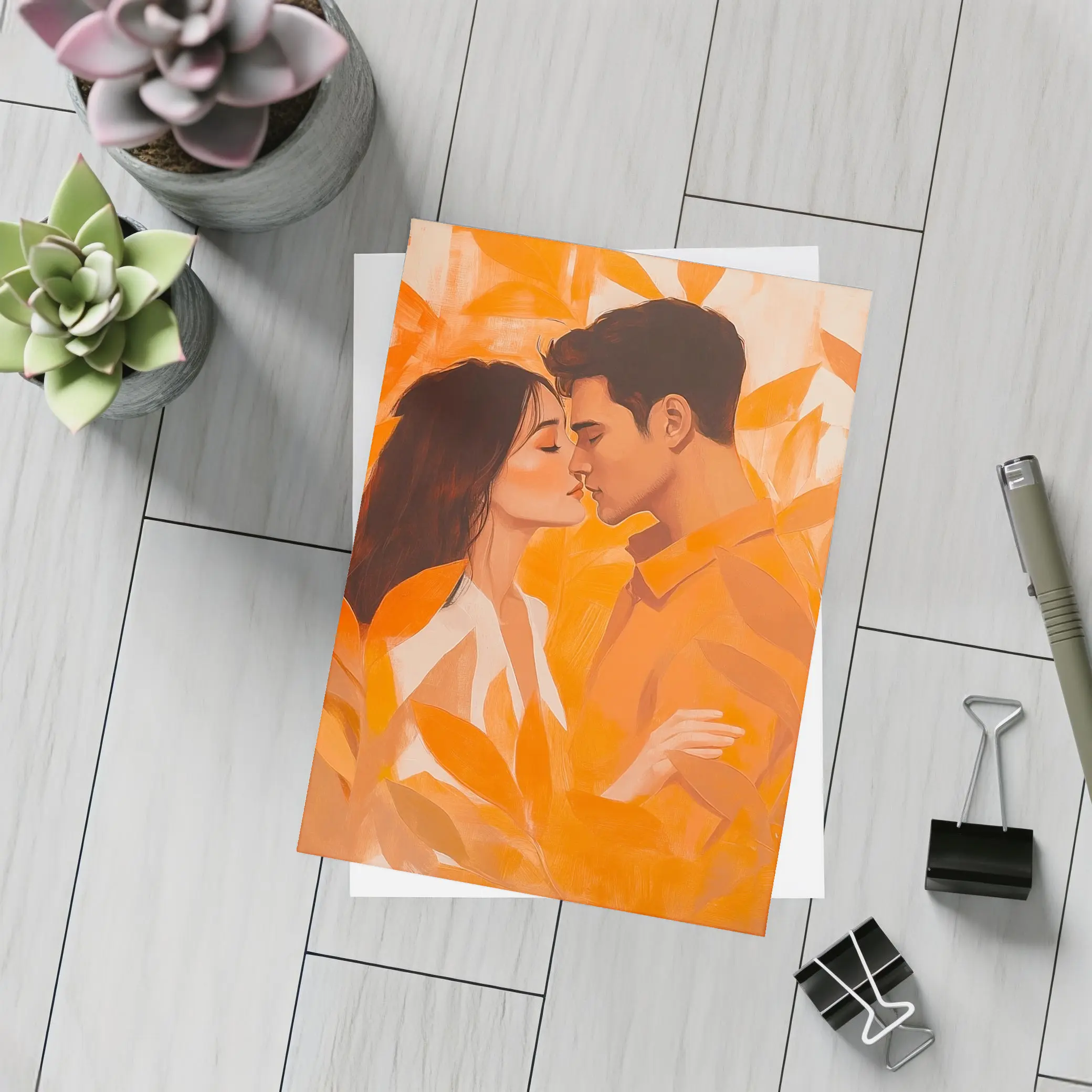 Couple Kissing Orange Leaves Romantic Painting – Postcards