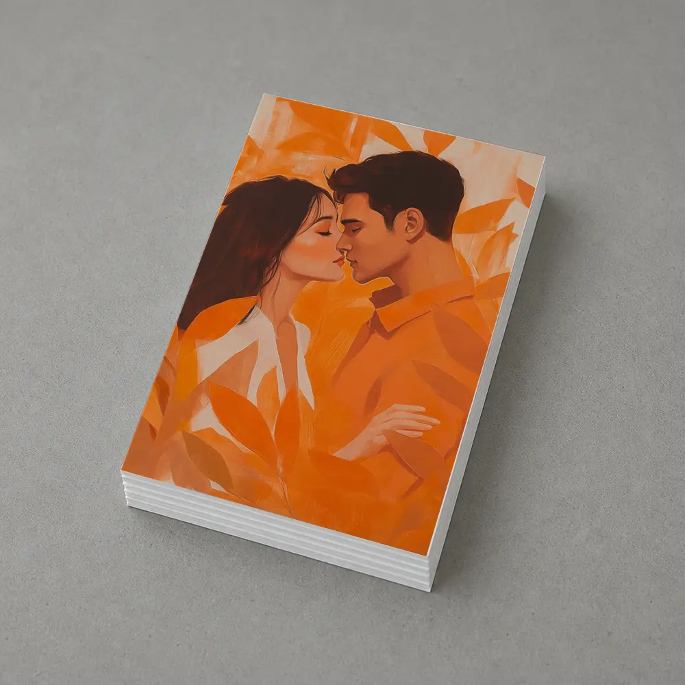 Couple Kissing Orange Leaves Romantic Painting – Postcards