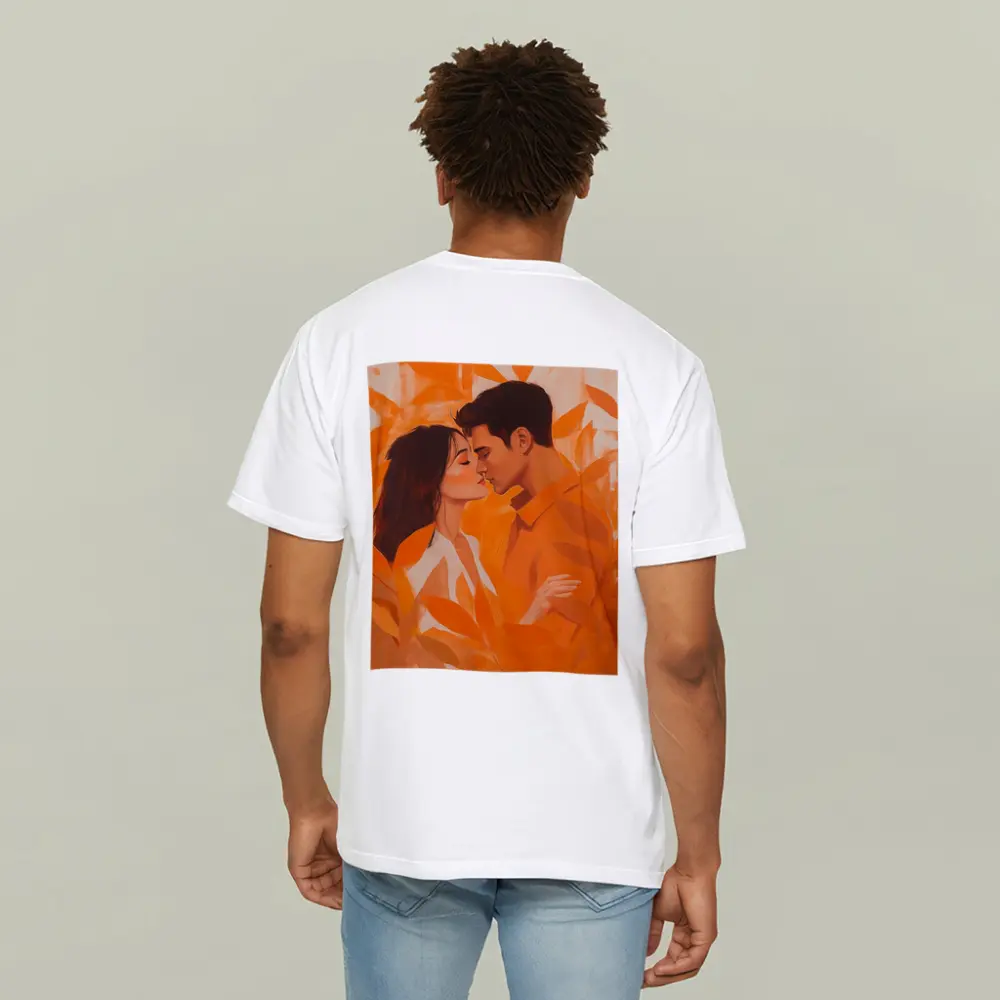 Couple Kissing Orange Leaves Romantic Painting – T-Shirts