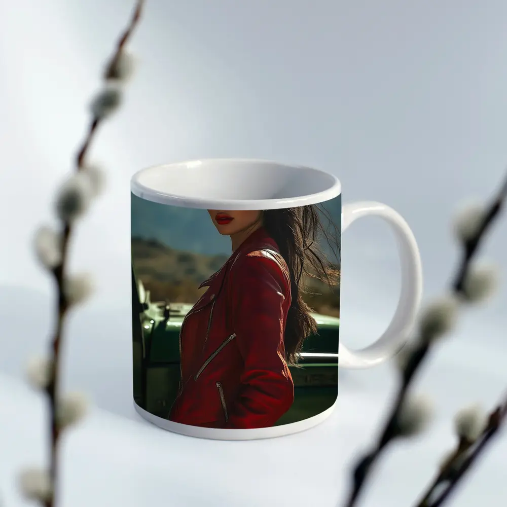 Woman Red Jacket Mountains Outdoor Portrait – Mugs