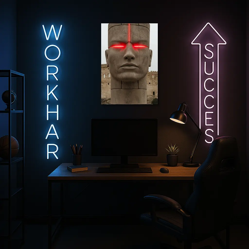 Ancient Stone Face Sculpture Red Glowing Eyes – Wall Art