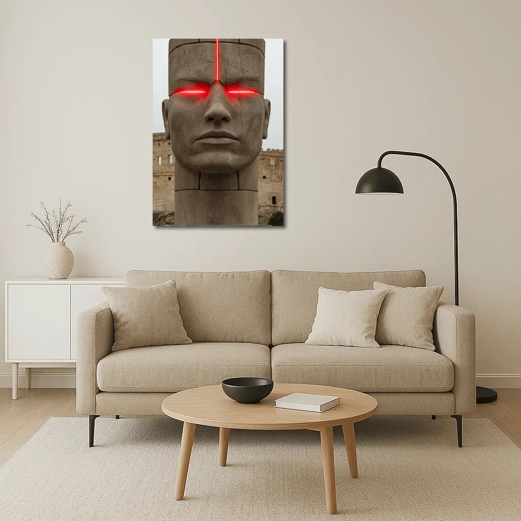 Ancient Stone Face Sculpture Red Glowing Eyes – Wall Art