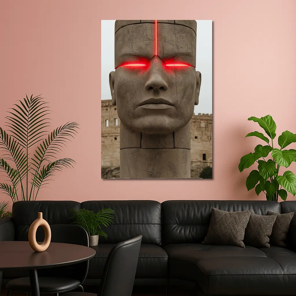 Ancient Stone Face Sculpture Red Glowing Eyes – Wall Art