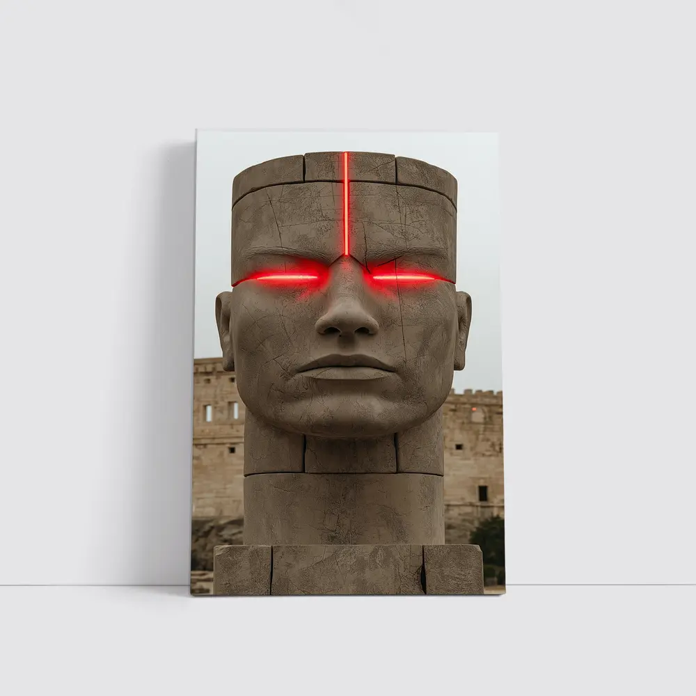 Ancient Stone Face Sculpture Red Glowing Eyes – Wall Art