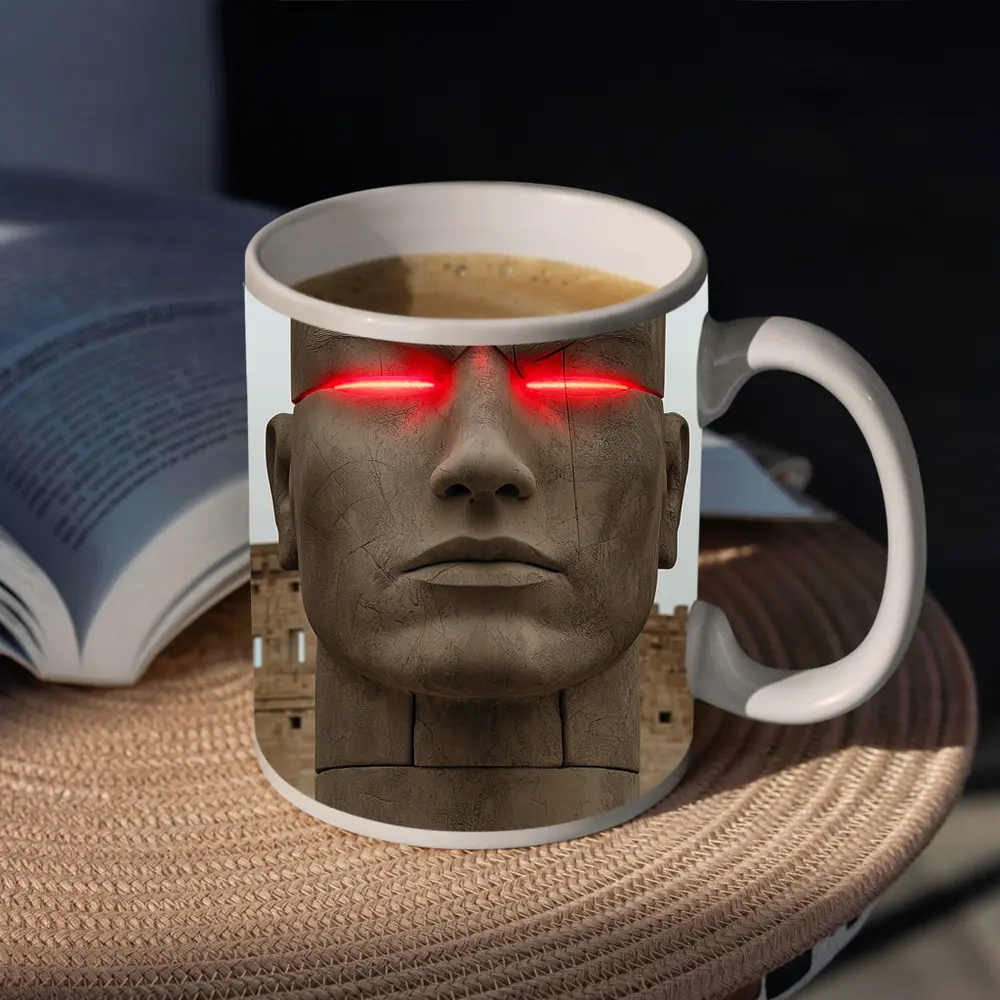 Ancient Stone Face Sculpture Red Glowing Eyes – Mugs