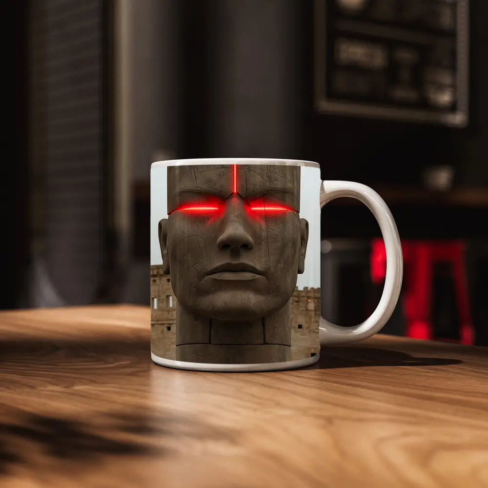 Ancient Stone Face Sculpture Red Glowing Eyes – Mugs