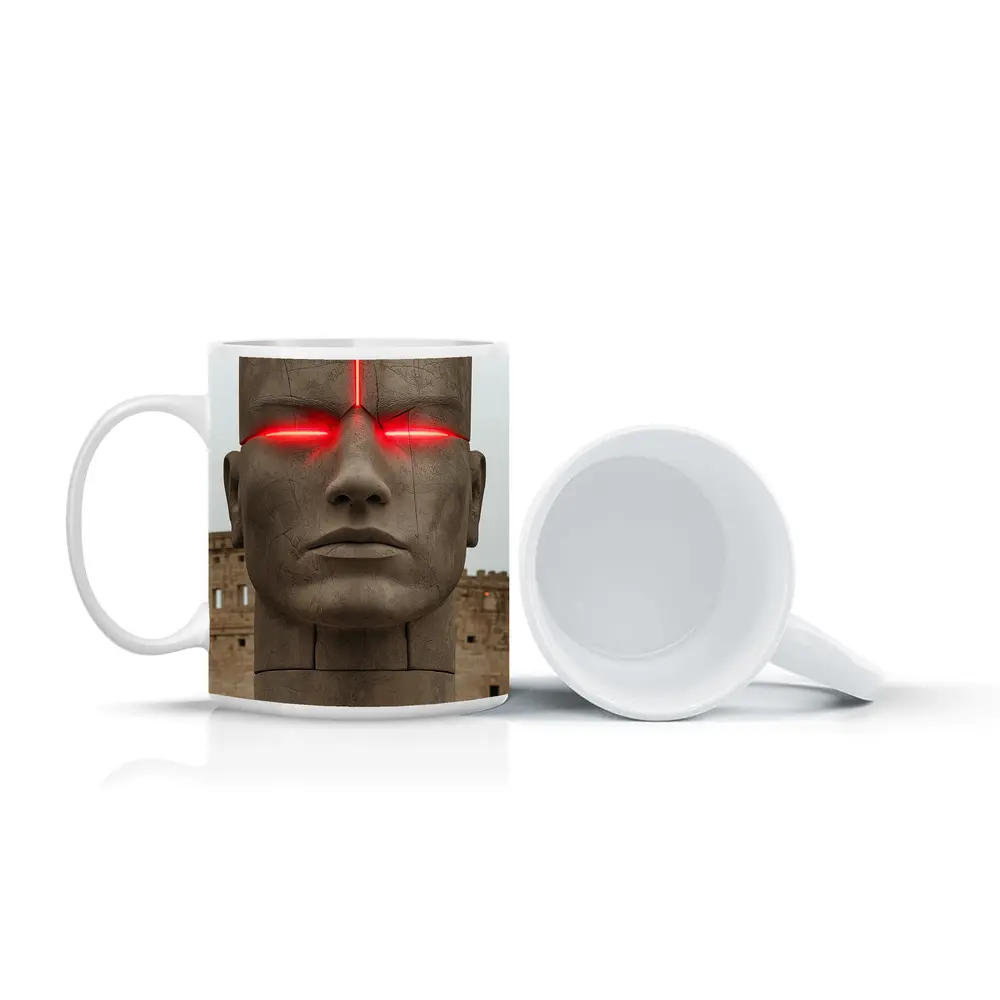 Ancient Stone Face Sculpture Red Glowing Eyes – Mugs