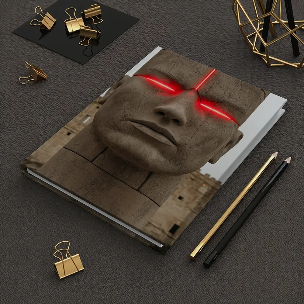 Ancient Stone Face Sculpture Red Glowing Eyes – Notebooks