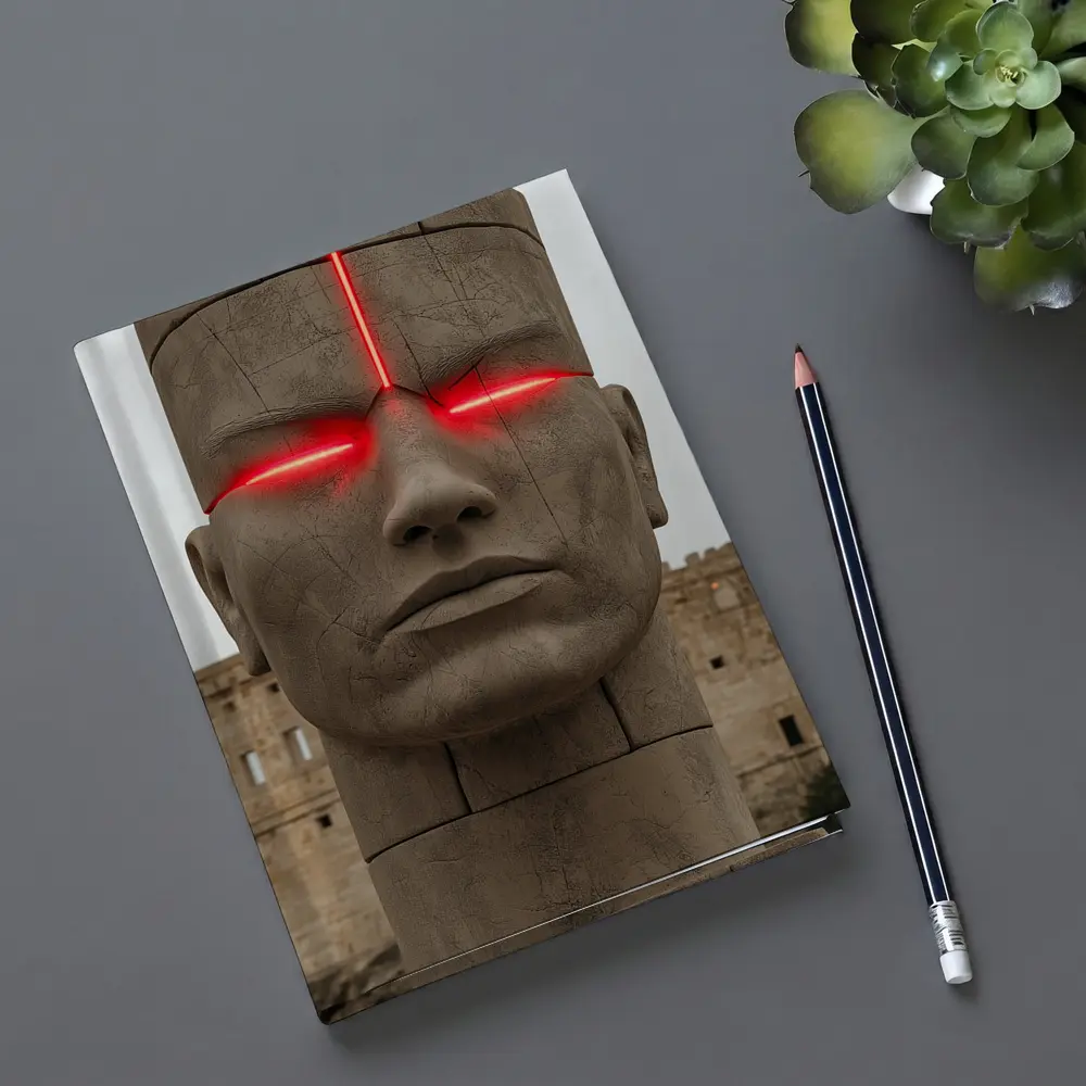 Ancient Stone Face Sculpture Red Glowing Eyes – Notebooks
