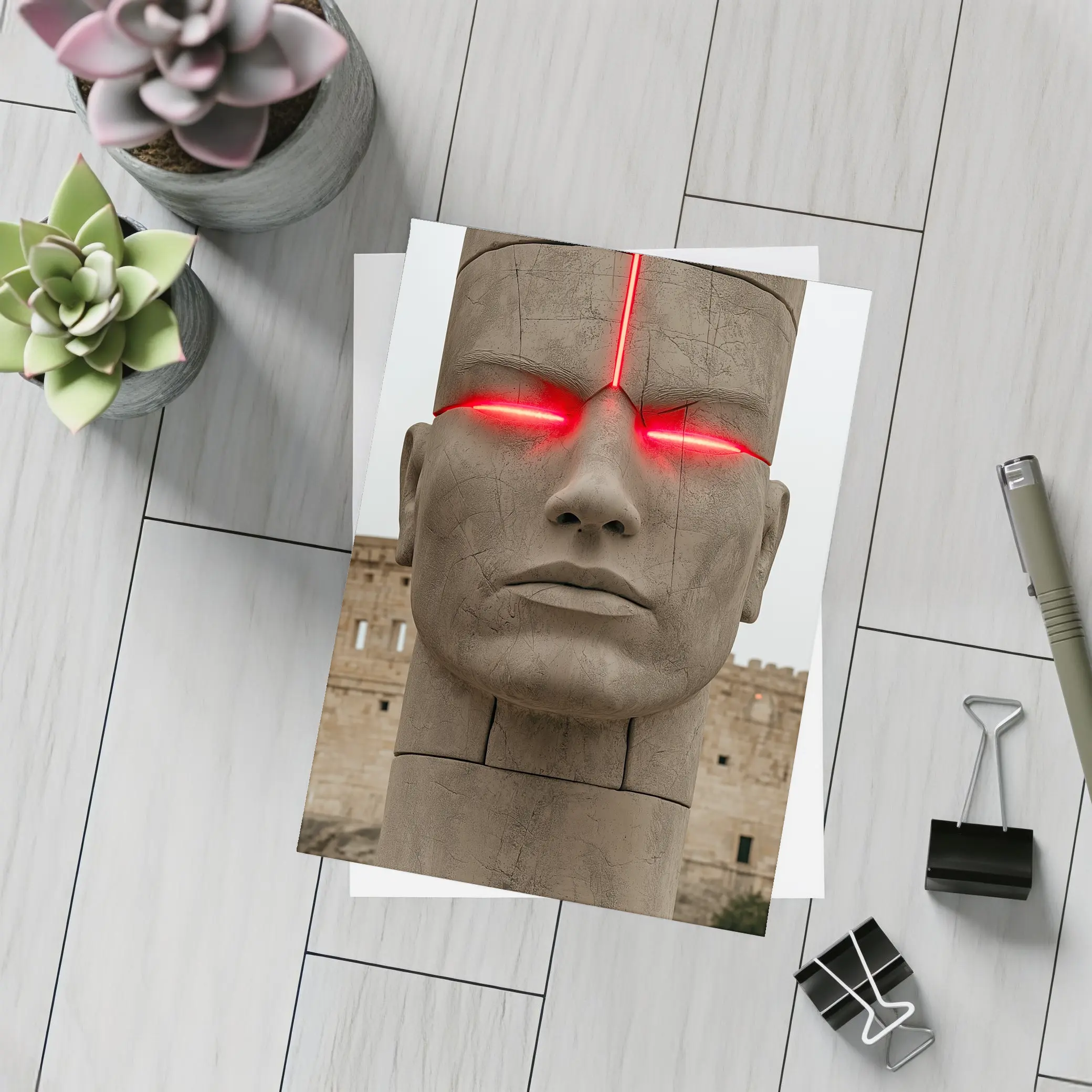 Ancient Stone Face Sculpture Red Glowing Eyes – Postcards