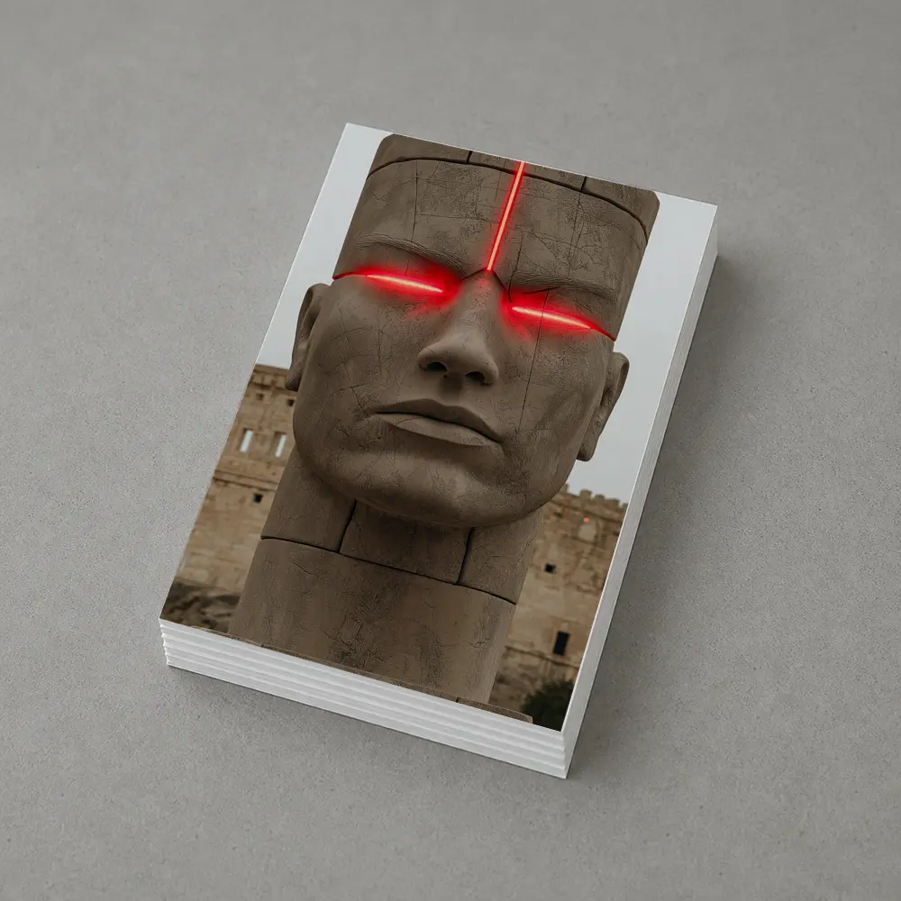 Ancient Stone Face Sculpture Red Glowing Eyes – Postcards