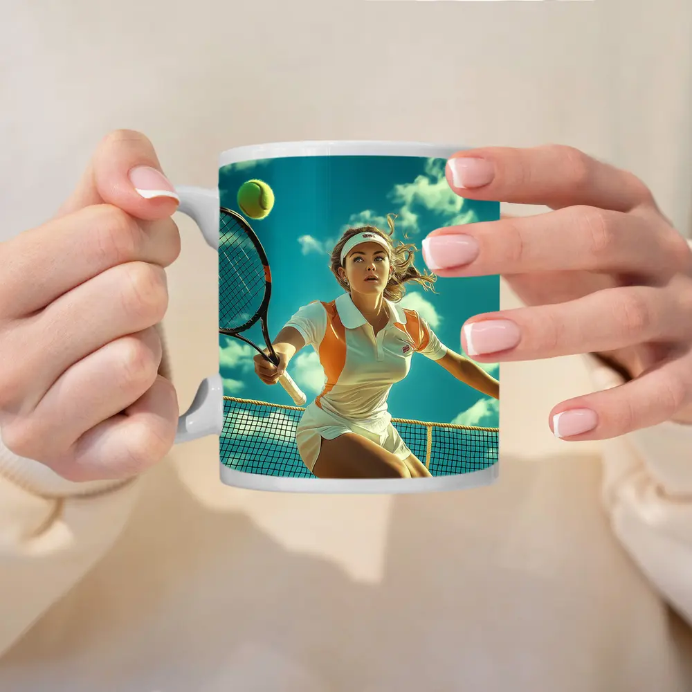Tennis Player Woman Sky Blue Background – Mugs