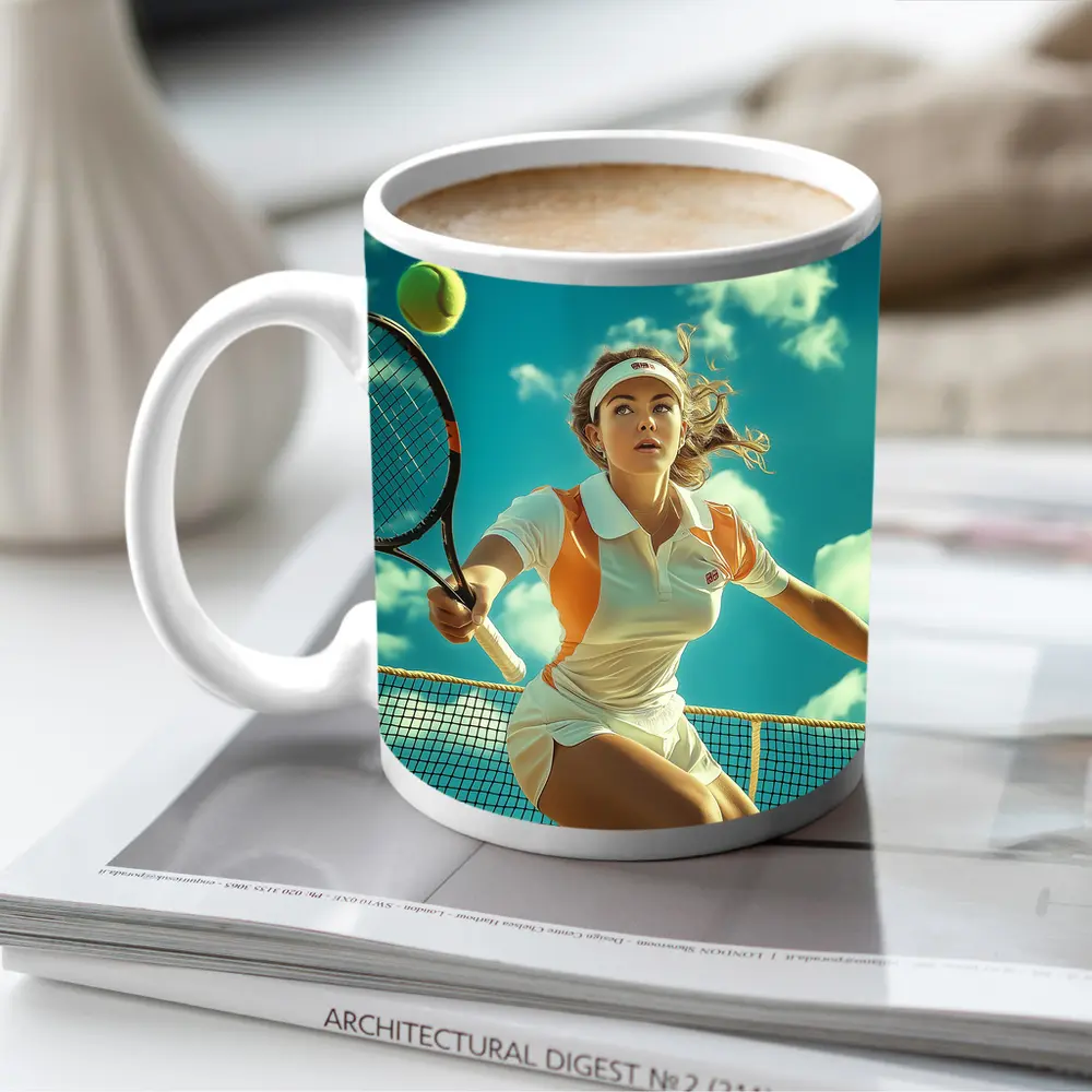 Tennis Player Woman Sky Blue Background – Mugs